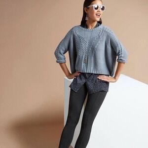 CAbi Women's NEW Blue Cable Knit Round Neck Oversized Cropped Sweater #3481 XL